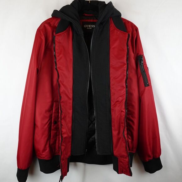 GUESS Men's Hooded Bomber Jacket Red Black Size Large Streetwear Lagenlook Fall - Picture 3 of 16
